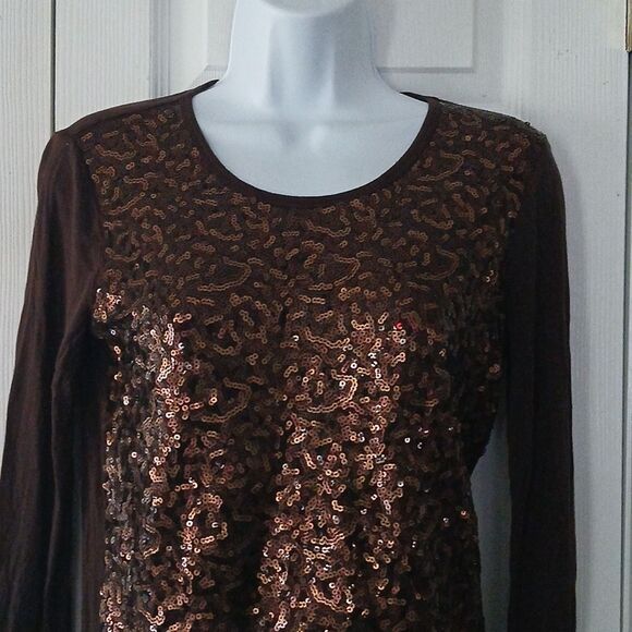 Michael Michael Kors brown sequin front long sleeve top Sz S - Picture 3 of 6